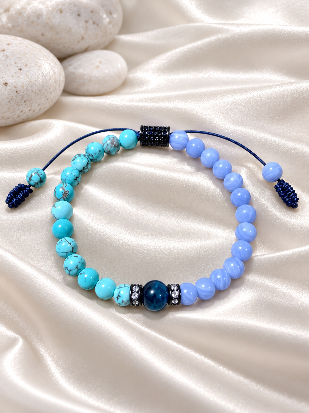 Handmade Bracelet for HIM OR HER. 6mm turquoise. 6mm blue lace agate, 8mm blue tiger’s eye. Zircon Rhinestone Beads Adjustable knotted cord