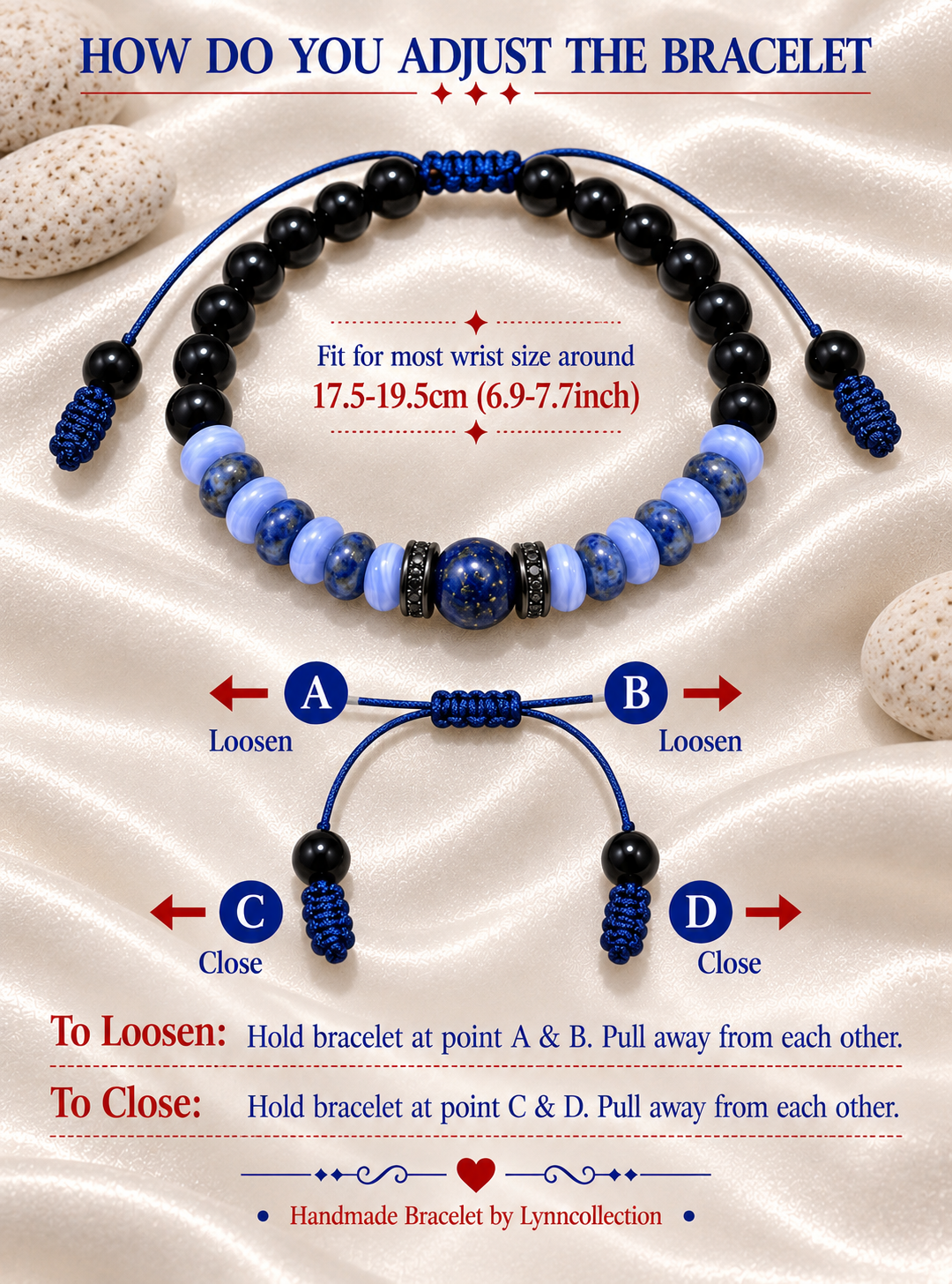 Handmade Bracelet for HIM OR HER. Made with black agate, lapis lazuli, blue lace agate. Zircon Rhinestone Beads, Adjustable knotted Cord