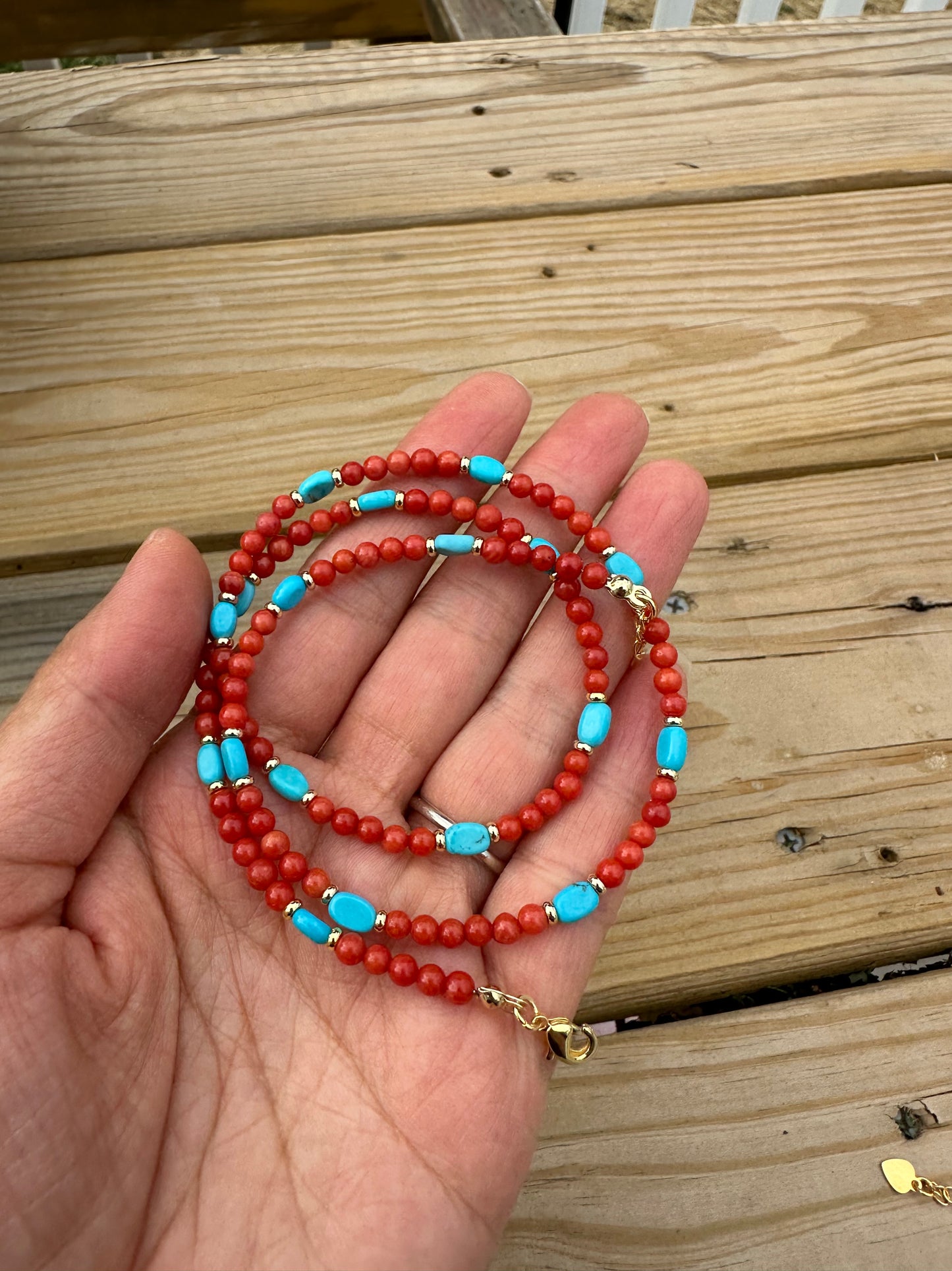 925 Sterling Silver gold plated with Red Coral And Turquoise three row bracelet and necklace ( two in one)