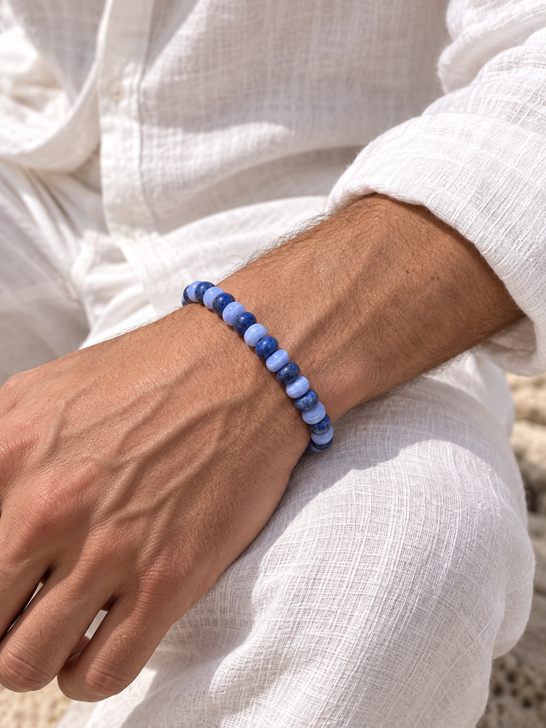Handmade Bracelet for HIM OR HER. Made with lapis lazuli, blue lace agate, Adjustable knotted Cord