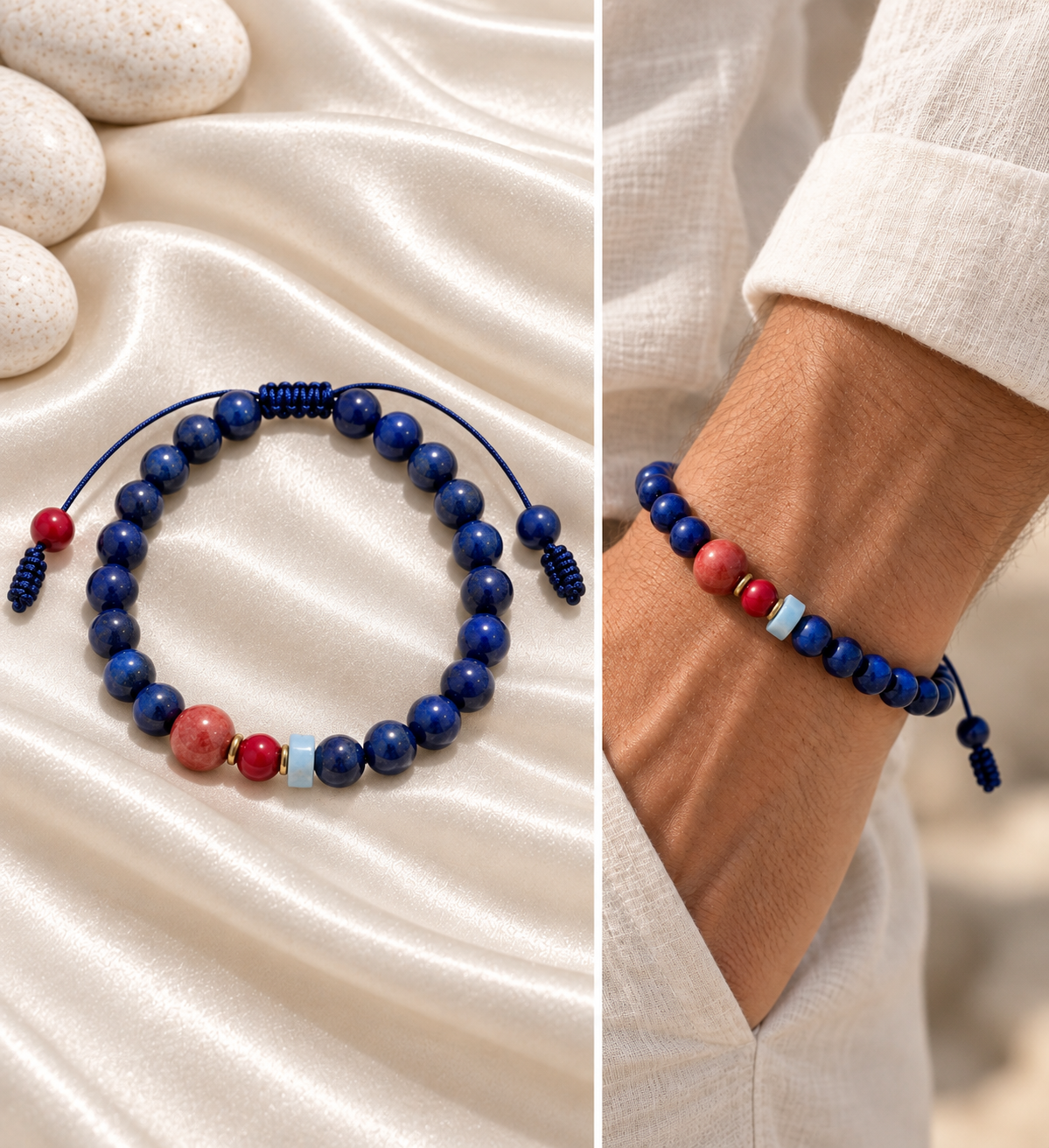 Handmade Bracelet for HIM OR HER. Made with lapis lazuli, 6mm red coral. 8mm red coral, 14K Gold Plated Spacer Beads, 3x6mm shoushan stone