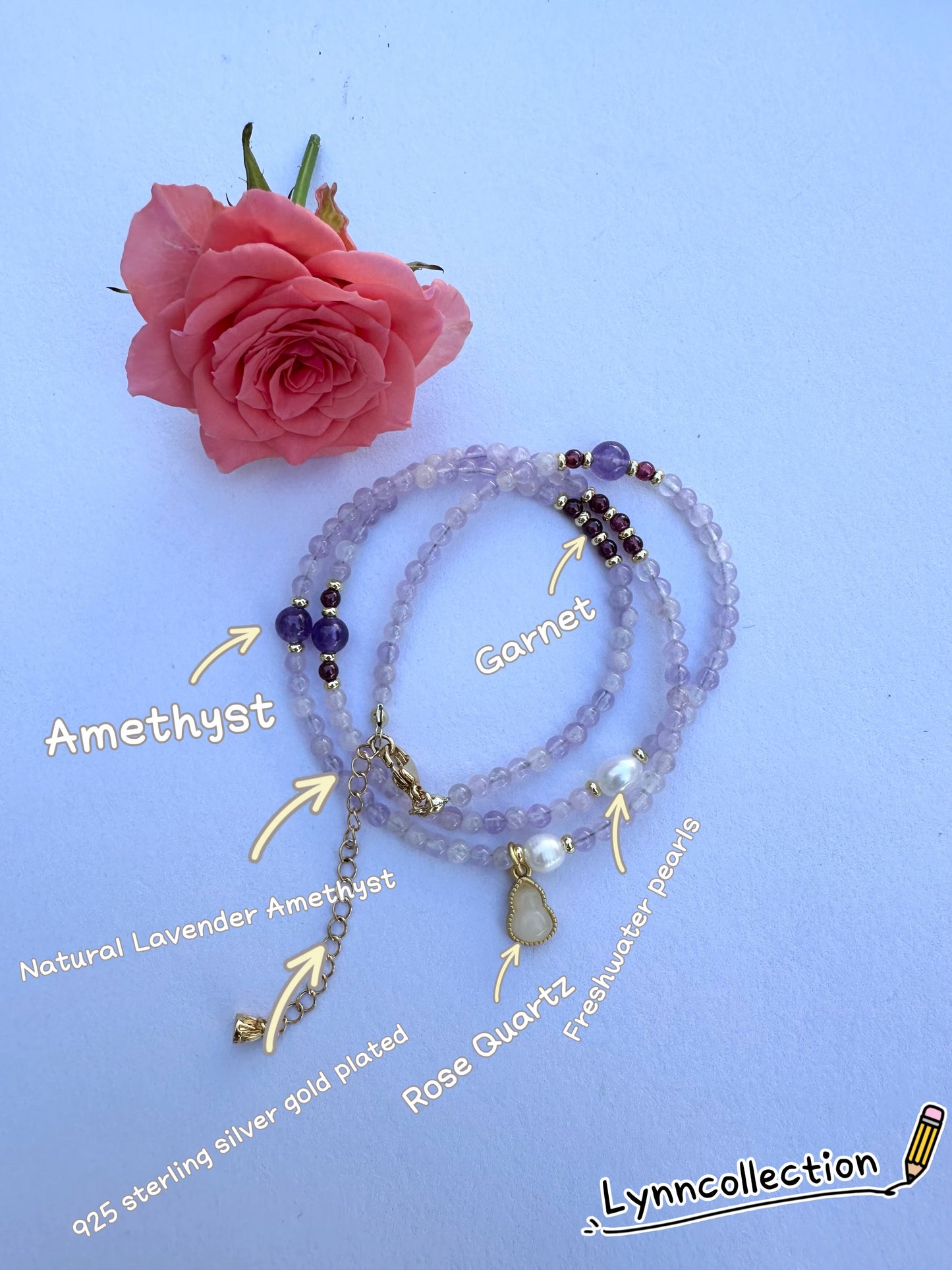 925 Sterling Silver gold plated with Natural Lavender Amethyst three row bracelet and necklace ( two in one)