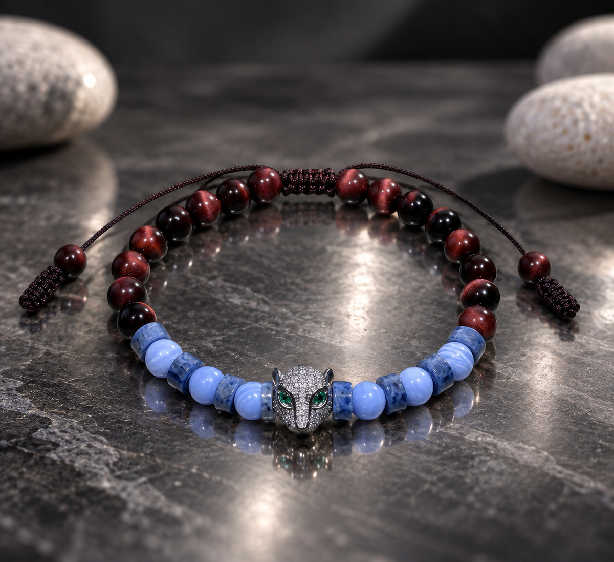 Handmade Bracelet for HIM OR HER.With  6mm Red Tiger’s eye, 6mm blue lace agate, Leopard Charms Spacer Bead, 2x6mm Blue and White Sodalite