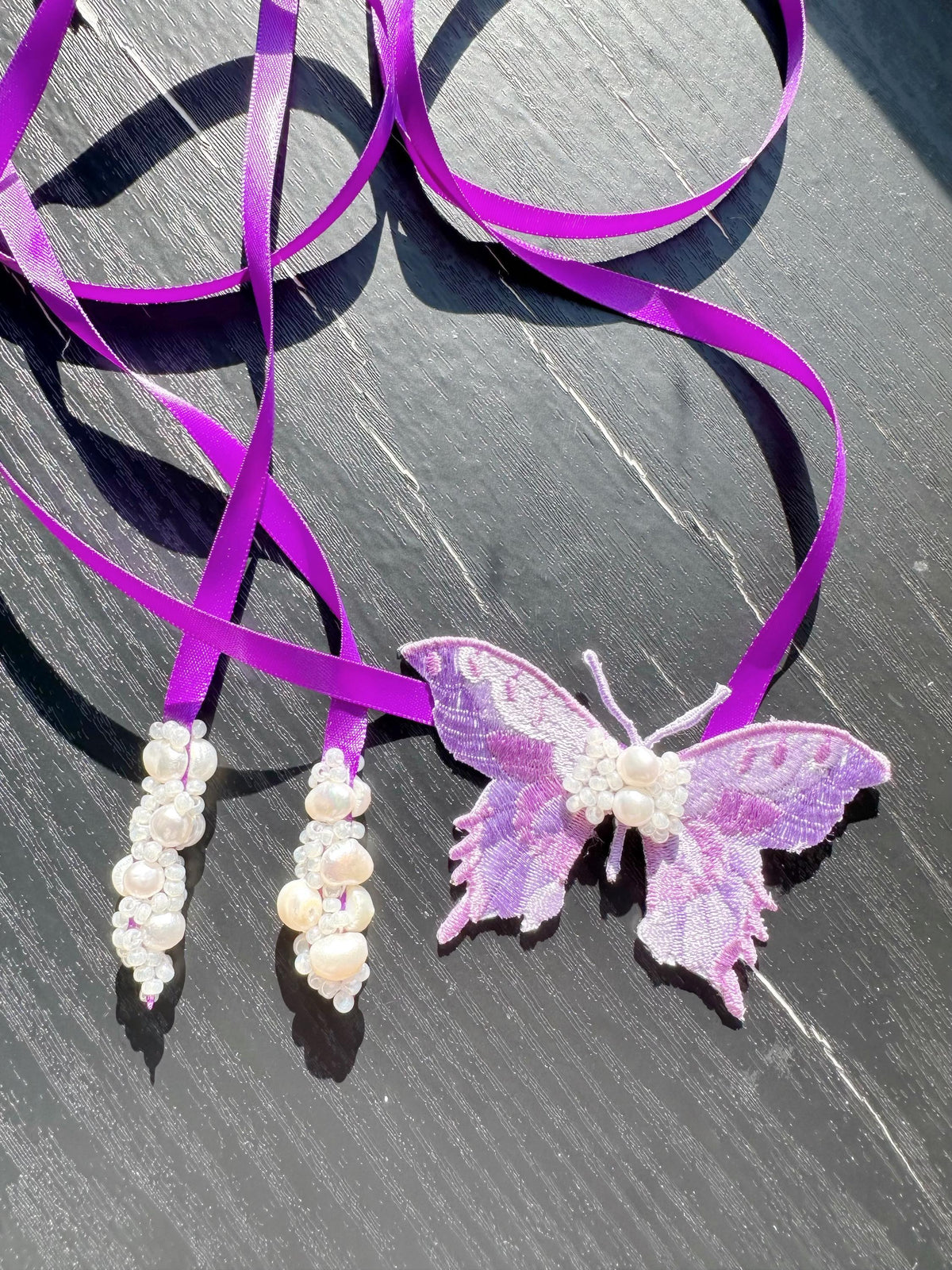 Handmade Choker featuring delicate hand-stitched embroidery of purple color butterfly, adorned with freshwater pearls and glass seed beads