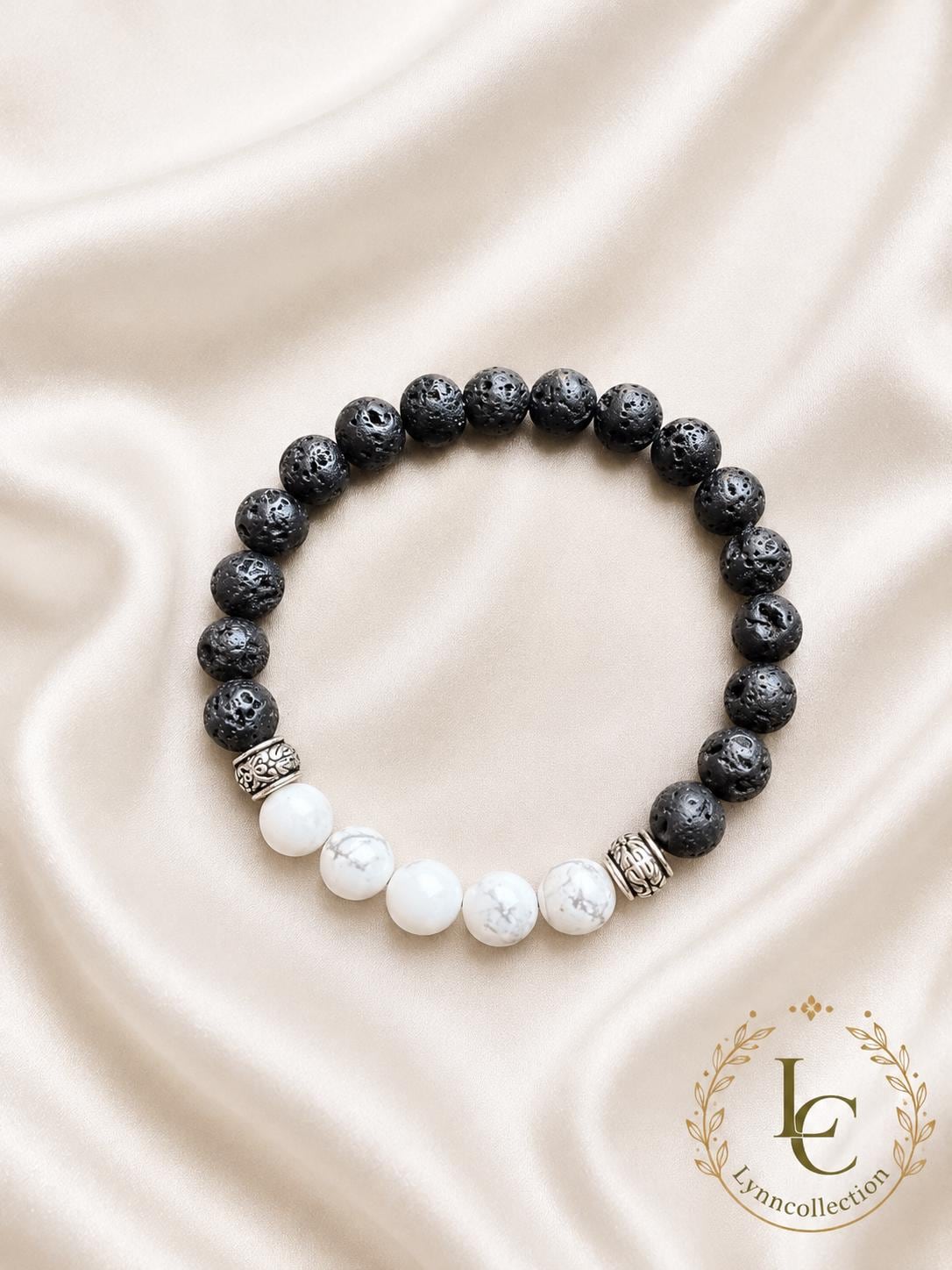 Bracelet for HIM OR HER. Black Lava Stone , Howlite beads, with Elastic Stretch Cord