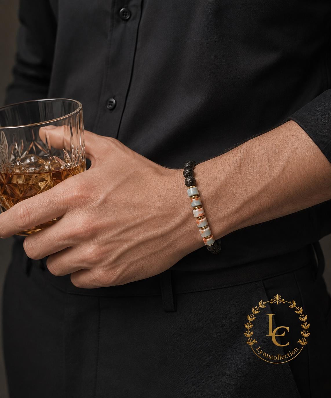 Lava Stone Beaded Bracelet for Men and Women – Synthetic Shousan Stone, Lava Stone , 14k gold plated space   -Adjustable