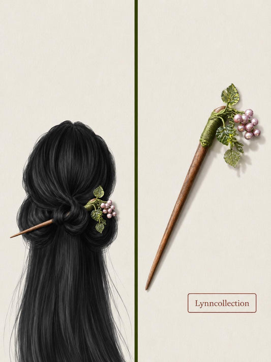 Vintage Hair Stick, Grape Hairpin, (purple color freshwater pearls) Ancient Style Costume Handmade Wooden Hair Accessory