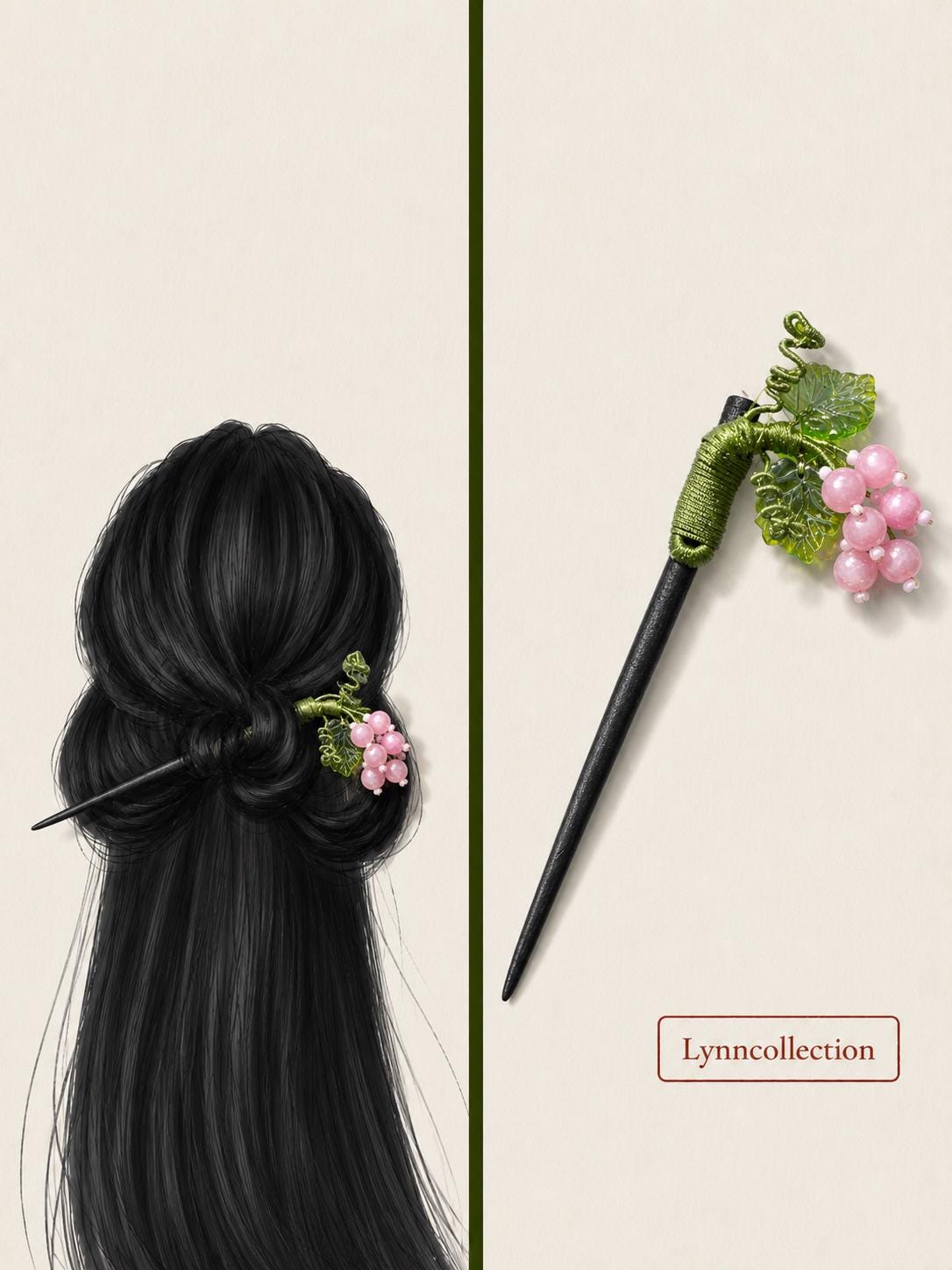 Vintage Hair Stick, Grape Hairpin, (light purple Kunzite gemstone) Ancient Style Costume Handmade Wooden Hair Accessory