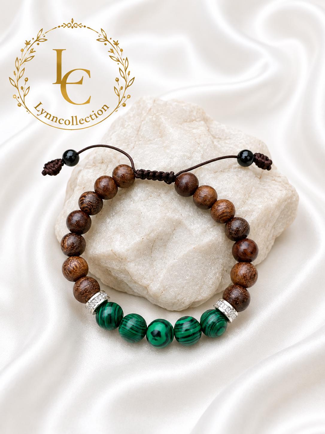 Bracelet for HIM AND HER, Made it with 8mm Sandalwoods and 8mm Green Malachite,  Adjustable knotted cord