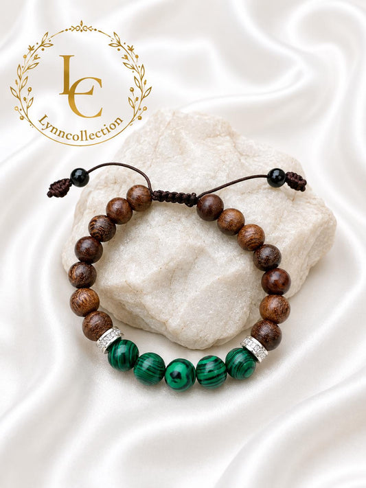 Bracelet for HIM AND HER, Made it with 8mm Sandalwoods and 8mm Green Malachite,  With Adjustable knotted cord