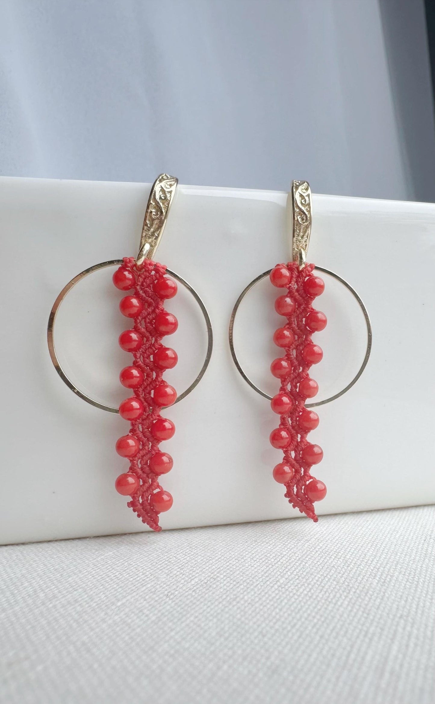Red Coral Macrame Earrings, Gold Plated, Handmade Crochet