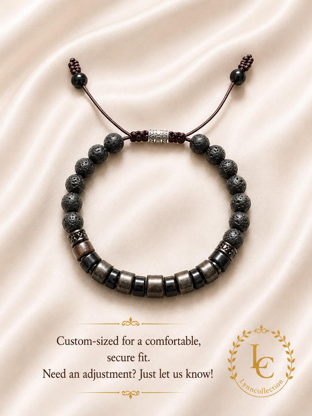 Lava Stone Beaded Bracelet for Him And Her– Black Obsidian, Lava Stone, Natural Ebony Wood, Beads Size: 6mm, Adjustable Length