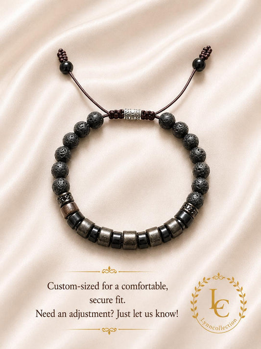 Beaded Bracelet for Him And Her– 3x6mm Black Obsidian,6mm Lava Stone, 3x7mmNatural Ebony Wood, Beads Size: 6mm, Adjustable knotted cord