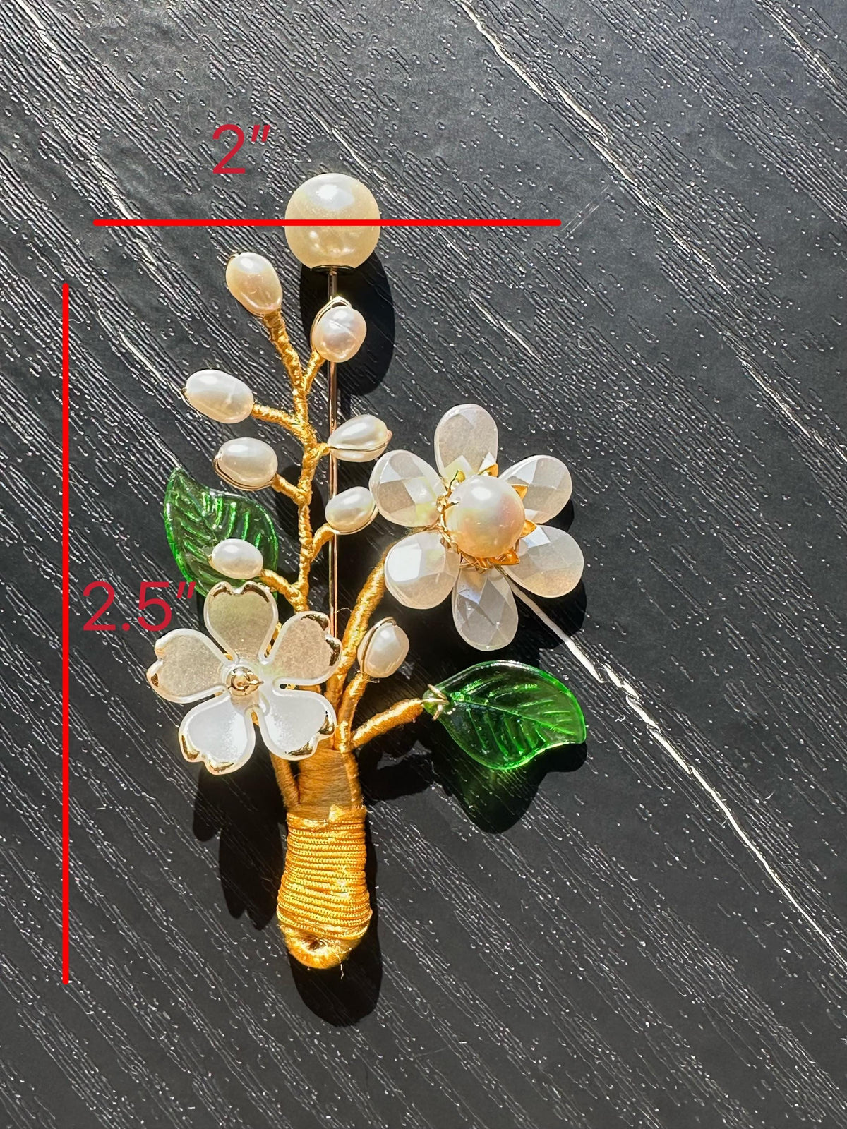 Handmade  brooch,  white color acrylic beads and freshwater pearls with gold color silk thread