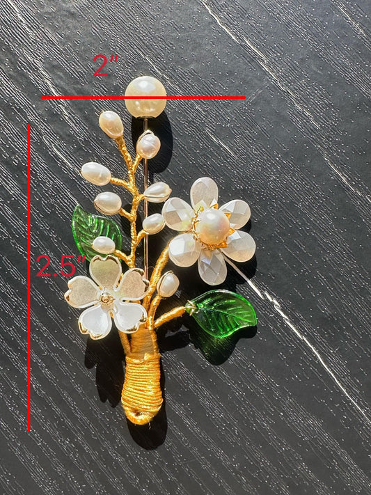 Handmade  brooch,  white color acrylic beads and freshwater pearls with gold color silk thread