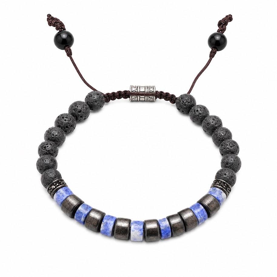 Lava Stone Beaded Bracelet for Men and Women – Sodalite, Lava Stone, Natural Ebony Wood, Beads Size: 6mm, Adjustable Length
