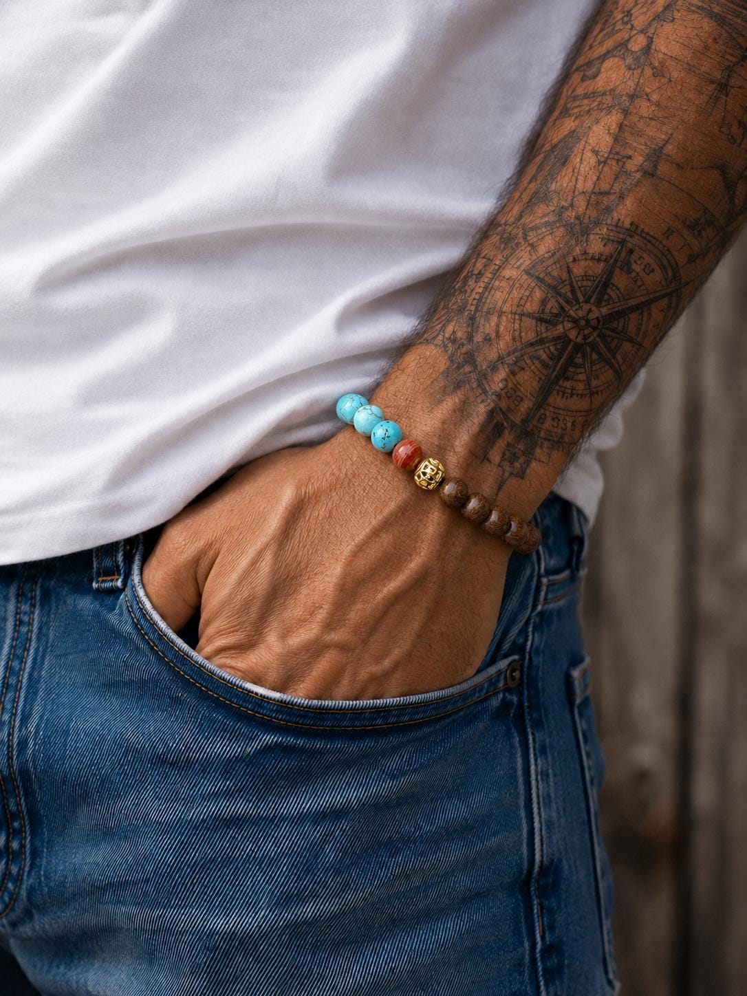 Beaded Bracelet , 8mm turquoise, sandalwood made Bracelet – adjustable Knotted Bracelet for HIM & HER.