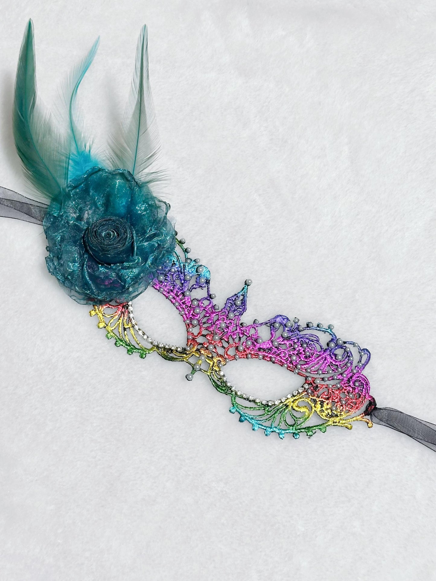 Rainbow color Masquerade Mask with silk flower and white color Resin Pearls , Women's Masquerade Mask, Masquerade Ball Masks, Lace Mask