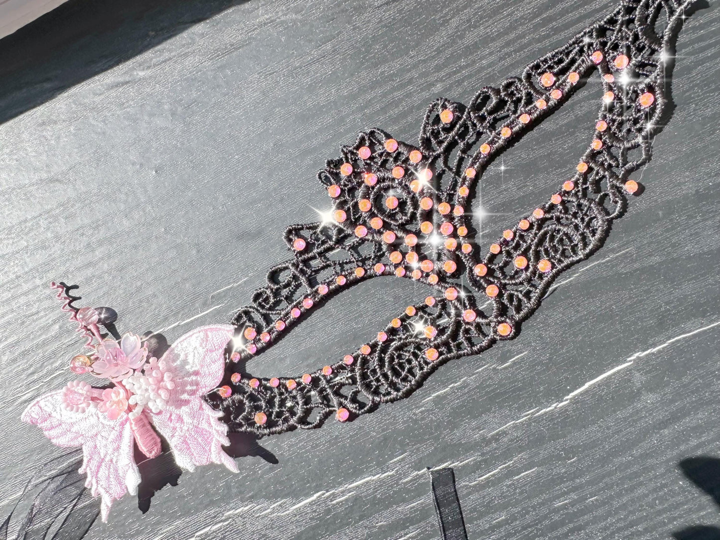 Black Lace Masquerade Mask, with Pink Color rhinestone and butterfly, handmade flowers Mask for Ball Party/Halloween