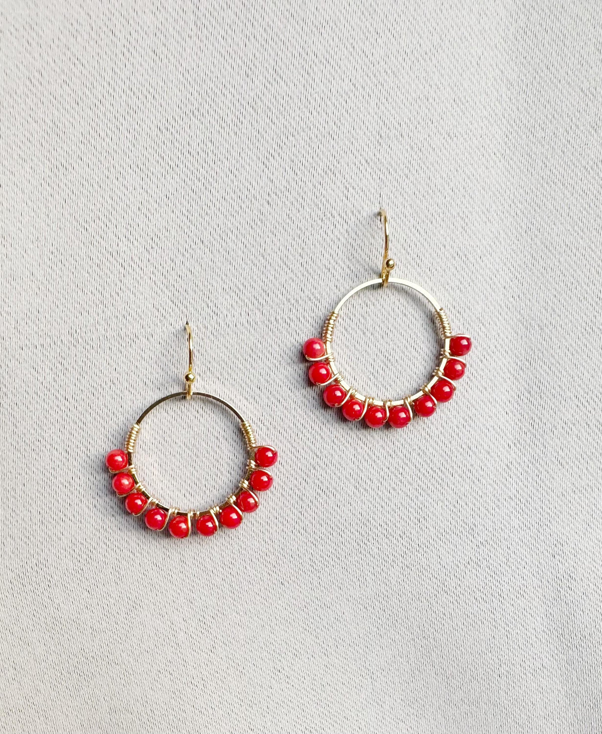 Handmade Red Coral Hoop Earrings: Gold Plated, Nickel Free