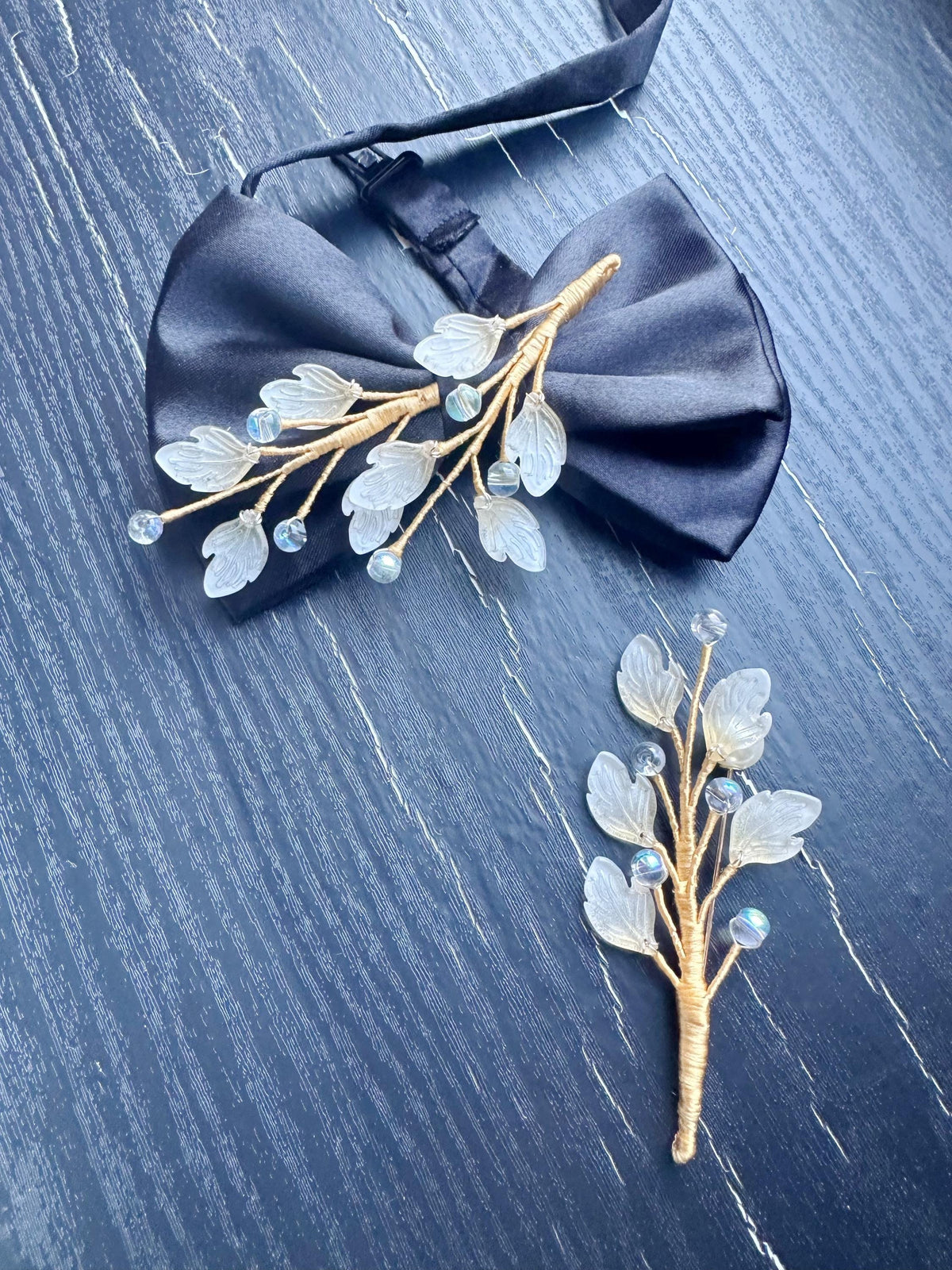 Handmade Bow Tie and brooch set for Women, Men,Boys – Black Satin Bow Tie flowers Blossom Branch – Asian Inspired Wedding Formal Accessory