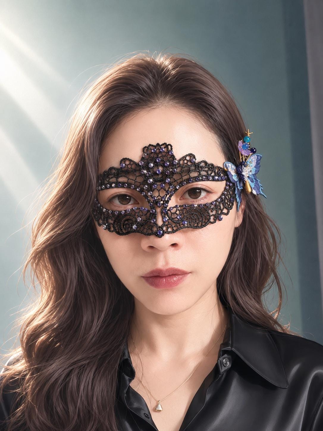 Navy Blue Butterfly Lace Masquerade Mask, Handmade Venetian Eye Mask with Rhinestones, Fairy Costume Mask for Halloween, Prom & Ball