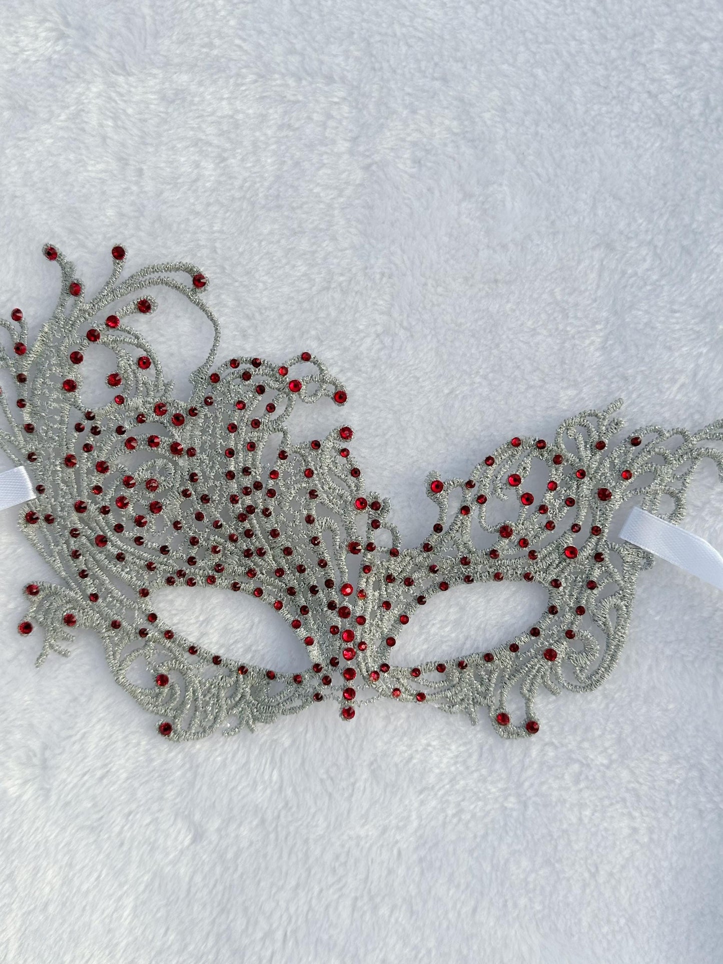 Lace Masquerade Mask: Red Rhinestones, Embroidery, Elastic Ribbon