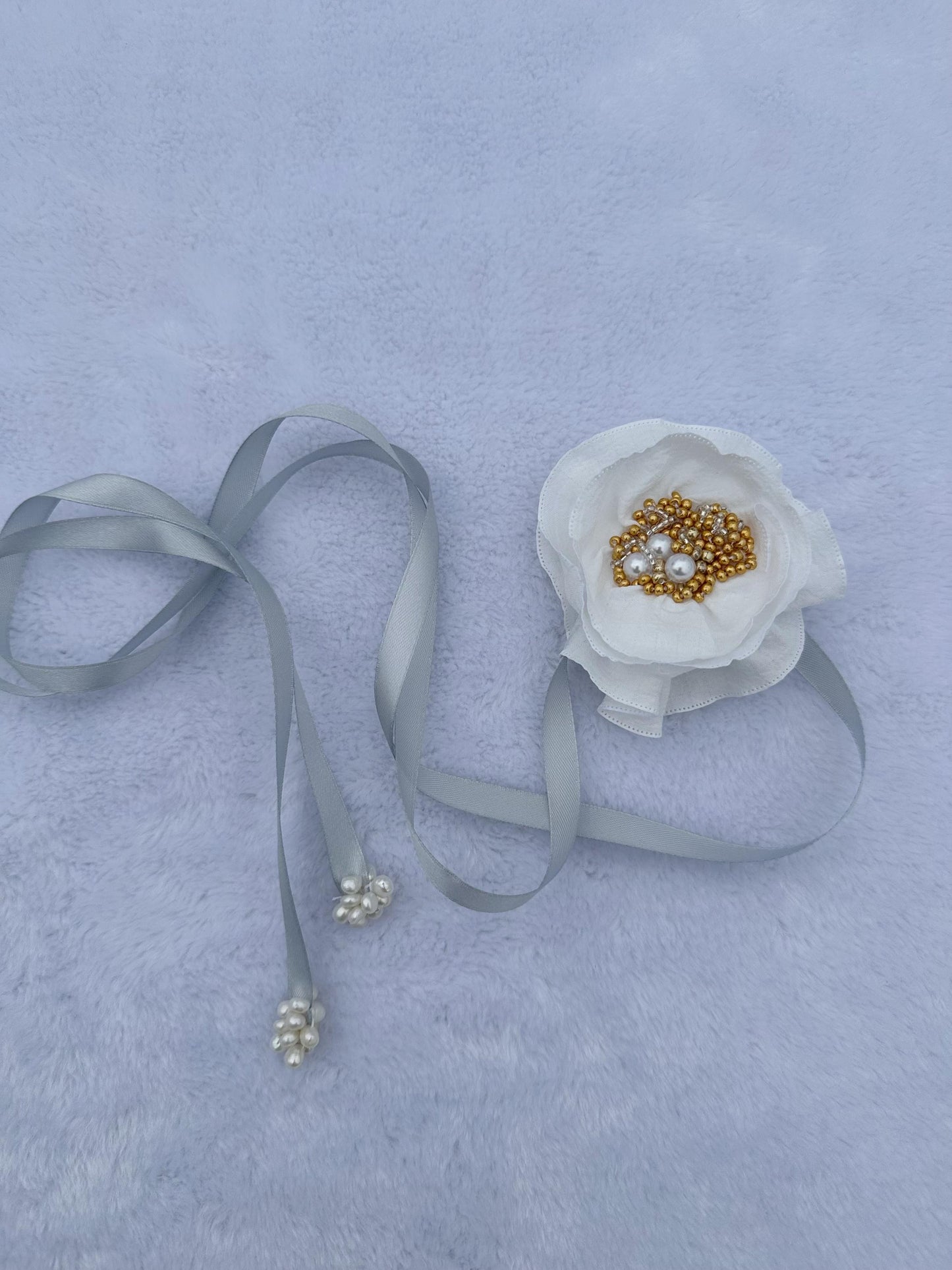 Handmade flower choker necklace with Peach color ribbon end with freshwater pearls