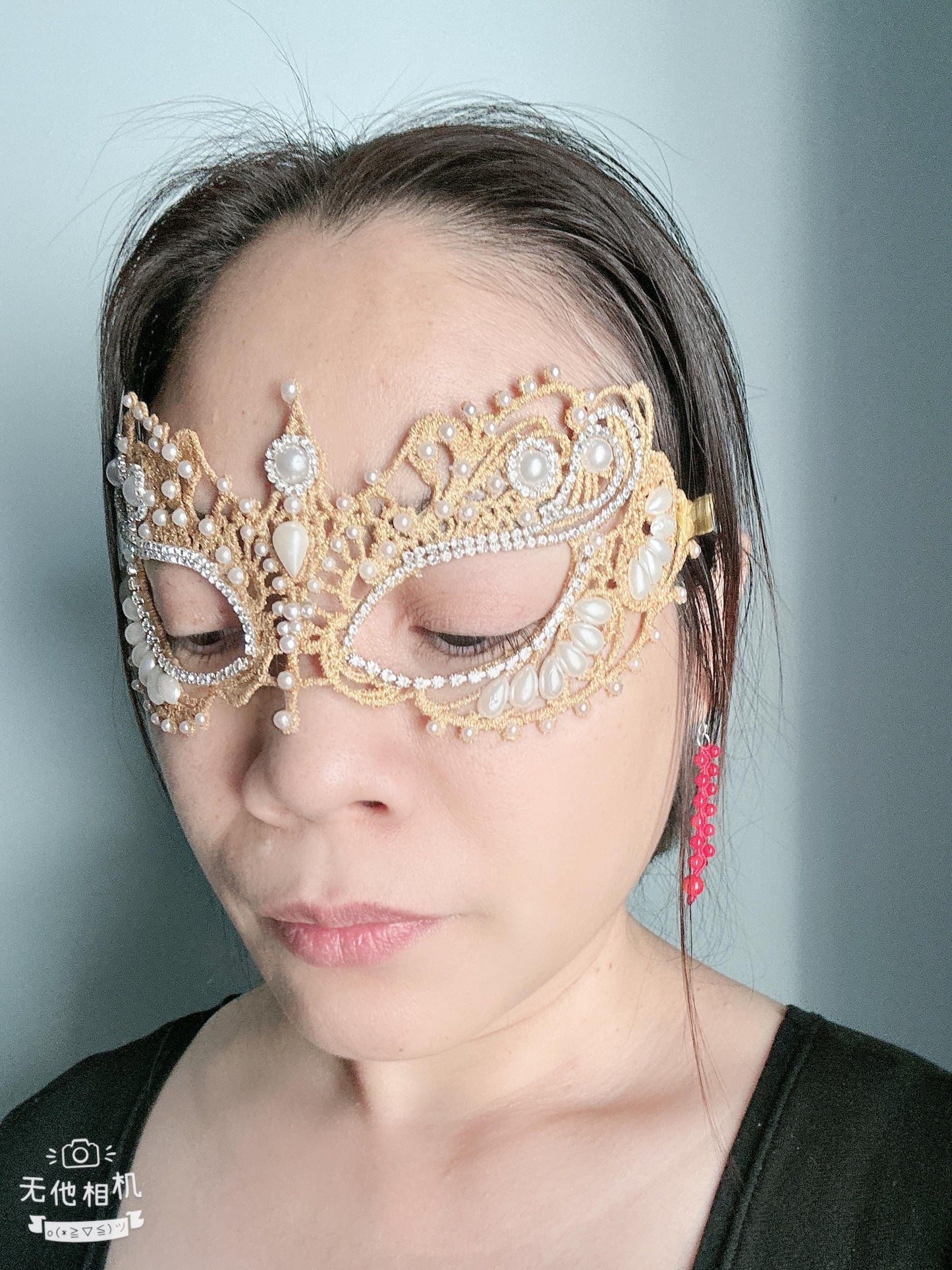 Gold color Lace Masquerade Mask, Embroidered Party Mask with white Resin beads and rhinestone, party mask
