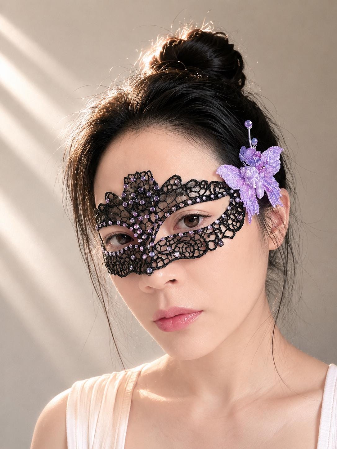 One of a Kind Purple Butterfly Mask, Handmade Black Lace Masquerade Mask, Venetian Eye Mask with Crystal Rhinestones