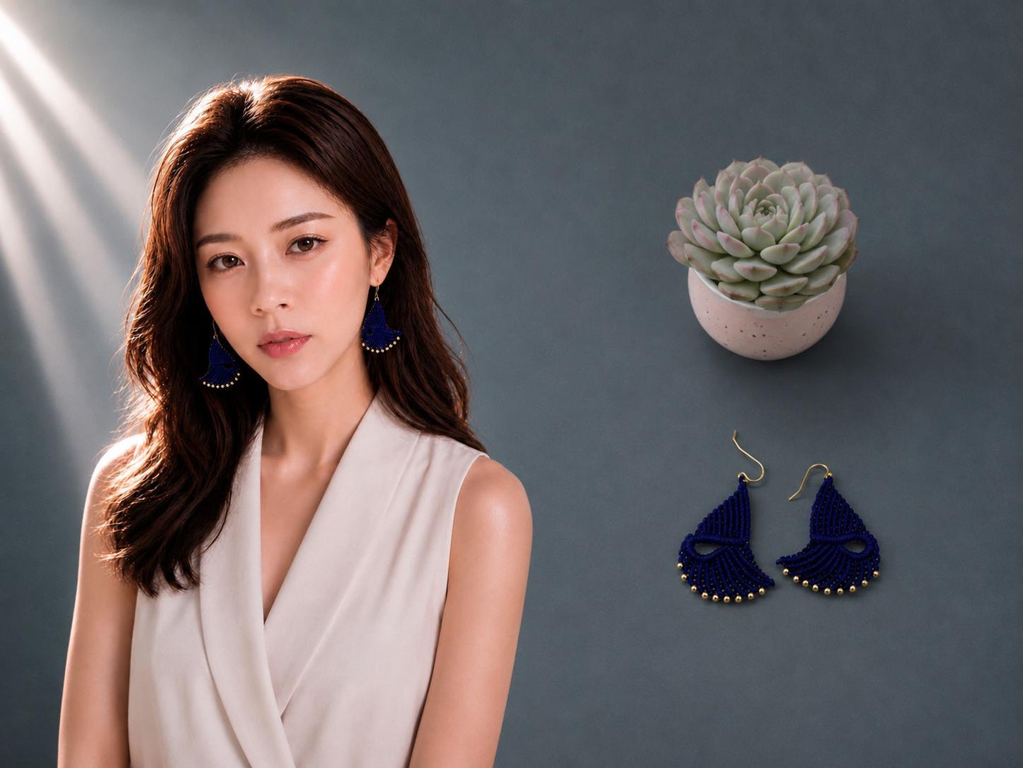 Navy Macrame Dangle Earrings: Bohemian Tribal Jewelry
