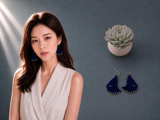 Navy Macrame Dangle Earrings: Bohemian Tribal Jewelry