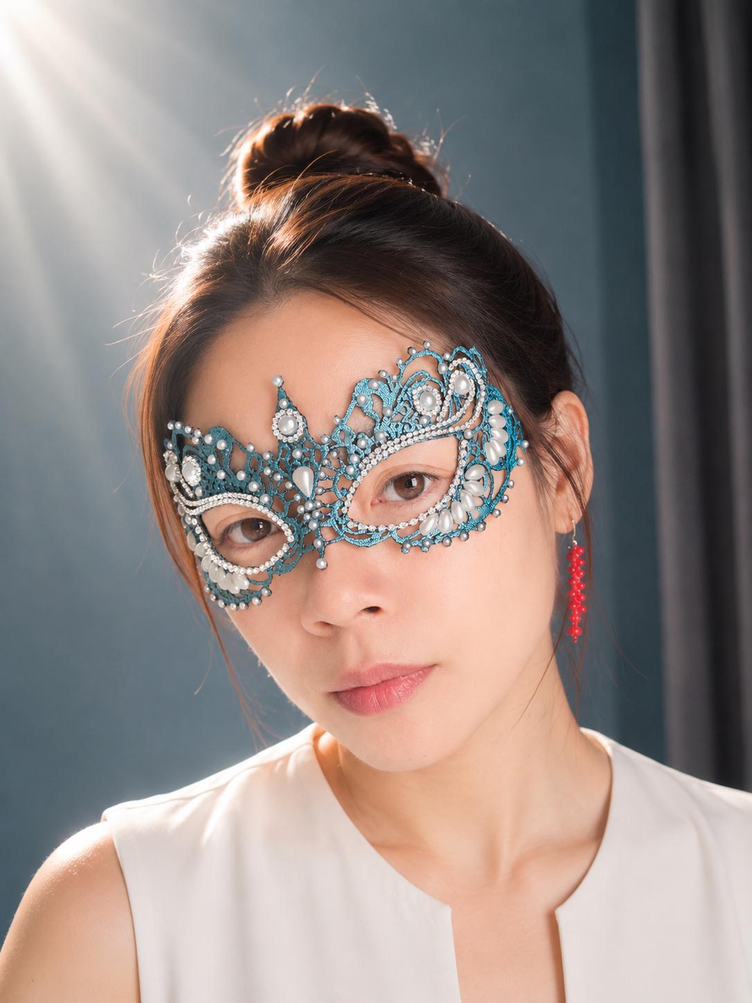 Blue color Lace Masquerade Mask, Embroidered Party Mask with white Resin beads and rhinestone, Halloween party mask
