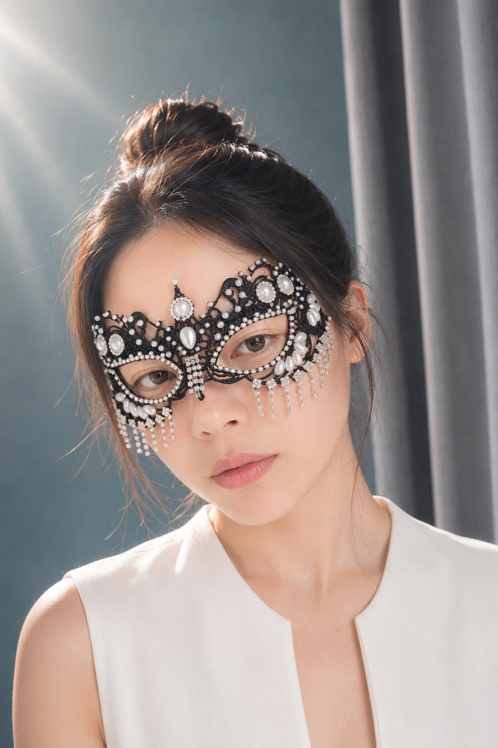 Lace Masquerade Mask, Embroidered Party Mask with white Resin beads and rhinestone, party mask