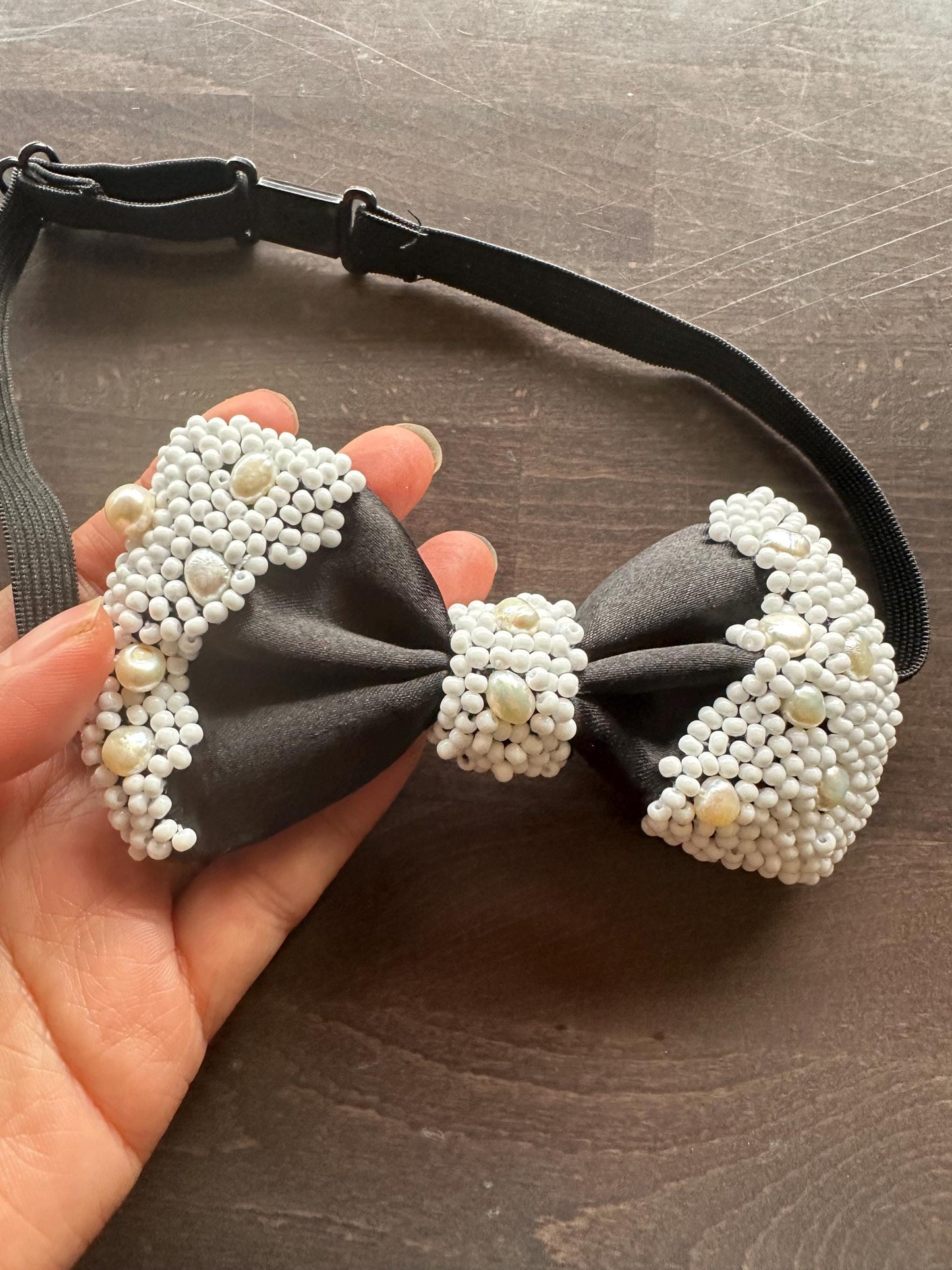 Handmade Bow Tie,white glass beads and freshwater pearls Bow tie, Elegant Formal Neckwear, Wedding Groom Bow Tie,Statement Fashion Accessory