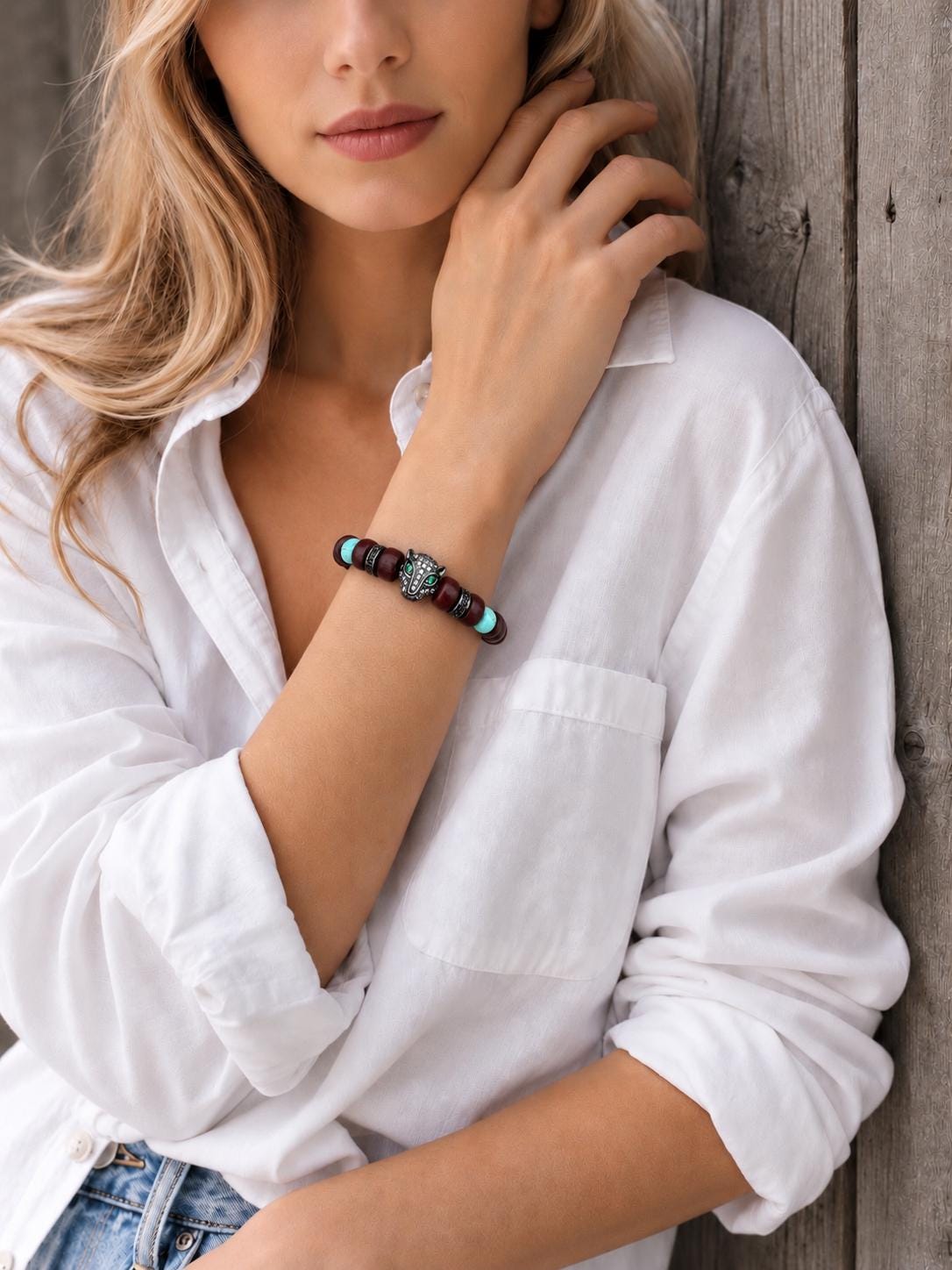 Gemstone Bracelet for HIM OR HER. Made it with 6mm turquoise, 2x6mm sandalwood . Adjustable Knotted Cord
