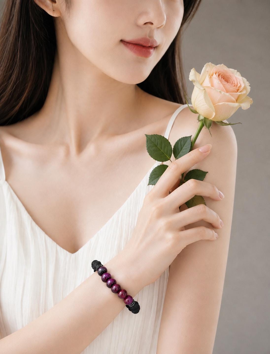 Gemstone Bracelet for HIM OR HER. Black Lava Stone & Purple Tiger Eye Bracelet , Elastic Stretch Cord Gemstone Bracelet