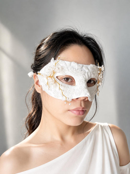 White Venetian Mask,size: (3.15"x7") Handmade White Venetian Mask – Pearl Floral Masquerade Mask, Elegant Costume Mask, Fairy-core, Party