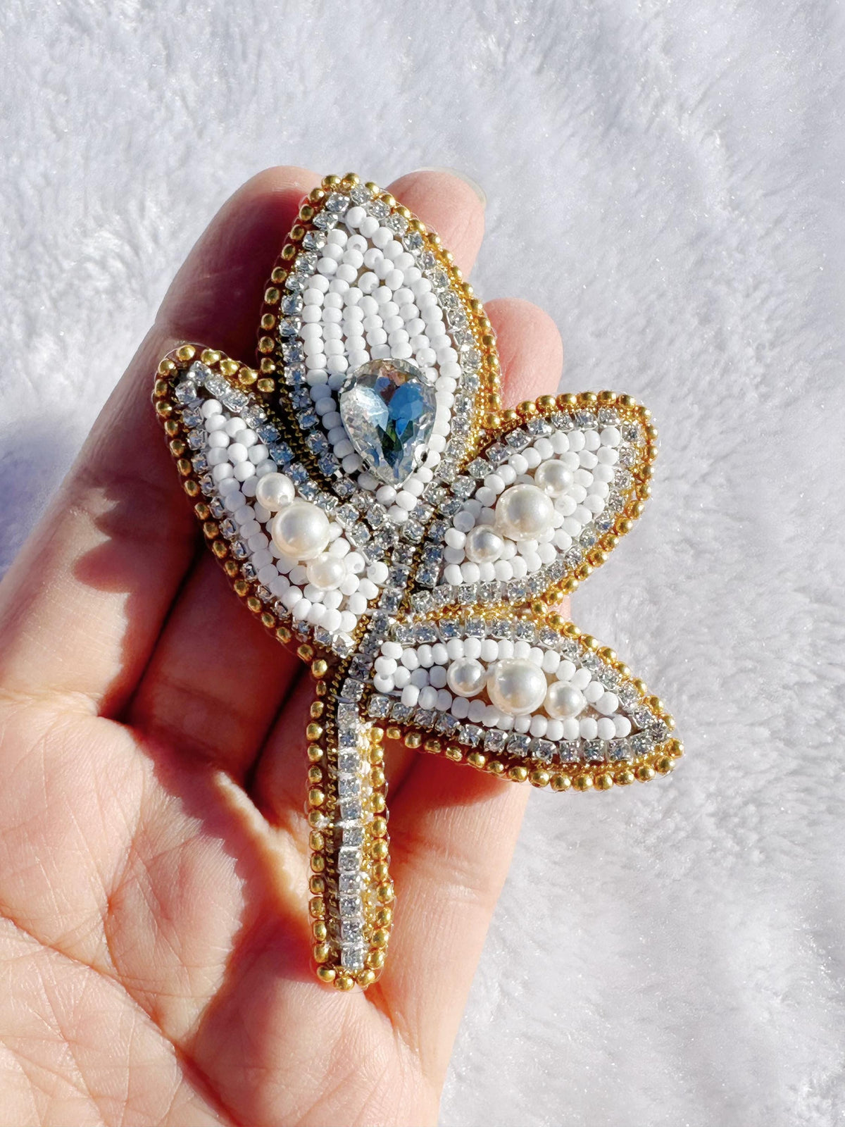Beaded brooch, with white color seed beads, Swarovski pearls and rhinestones brooch, size 3.5”x 2”