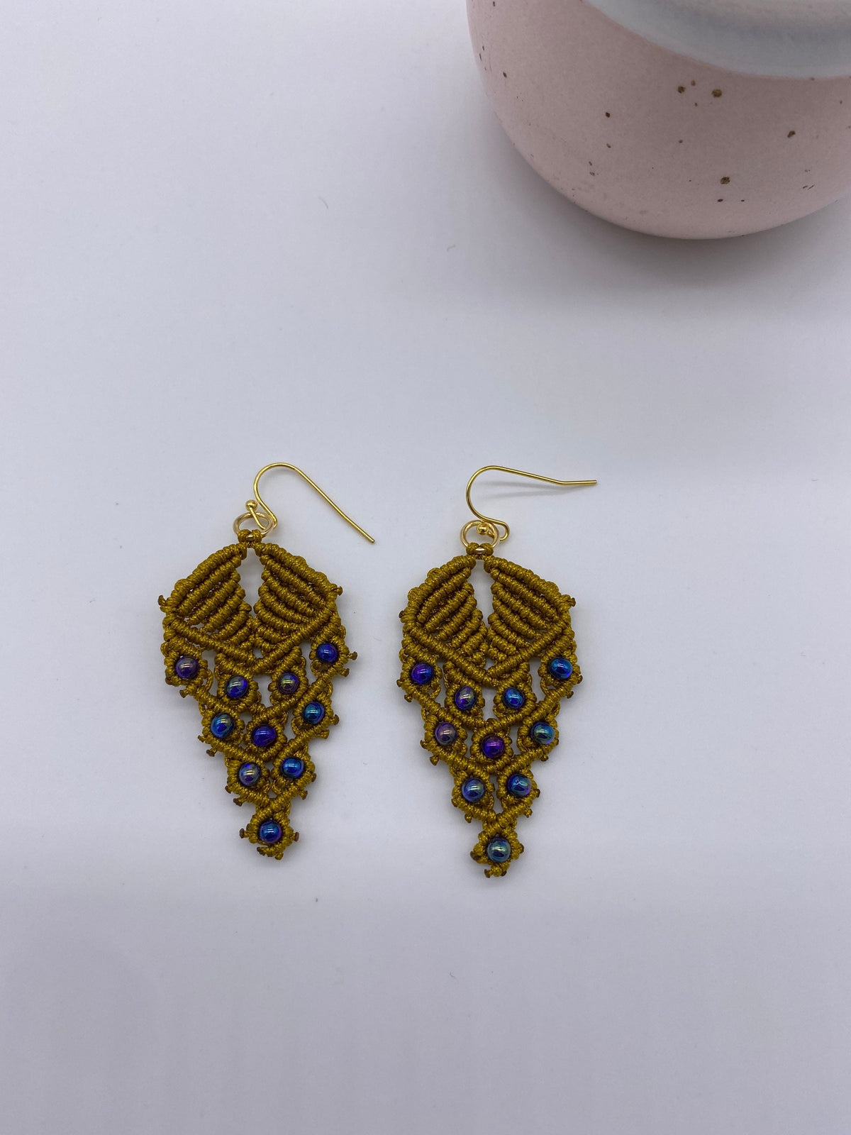 Handmade Macrame Dangle Earrings: Bohemian Gold Plated Hooks