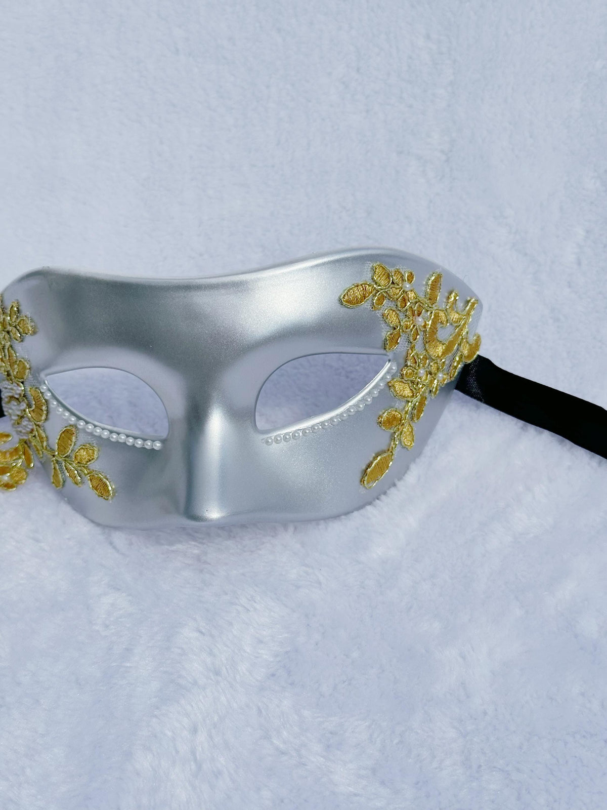 Gray Venetian Masquerade Mask: Gold Lace Mardi Gras Ball Mask