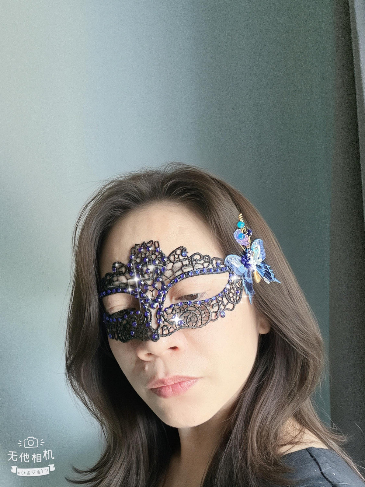 Navy Blue Butterfly Lace Masquerade Mask, Handmade Venetian Eye Mask with Rhinestones, Fairy Costume Mask for Halloween, Prom & Ball