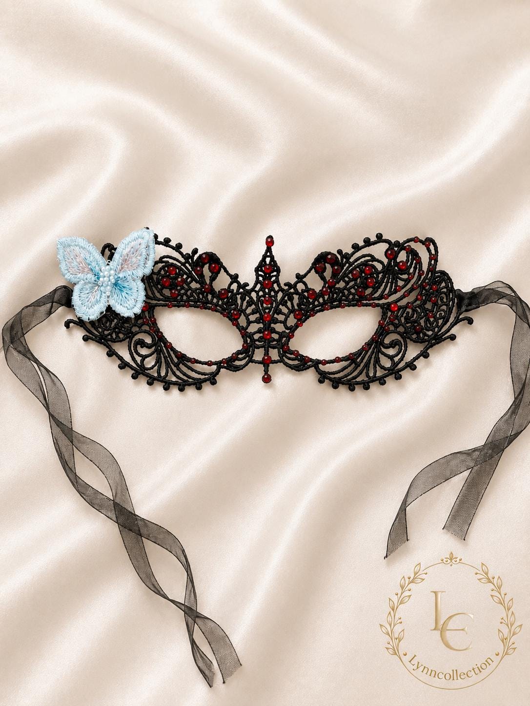 Lace Masquerade Mask, Red Rhinestone and Butterfly, Party Costume