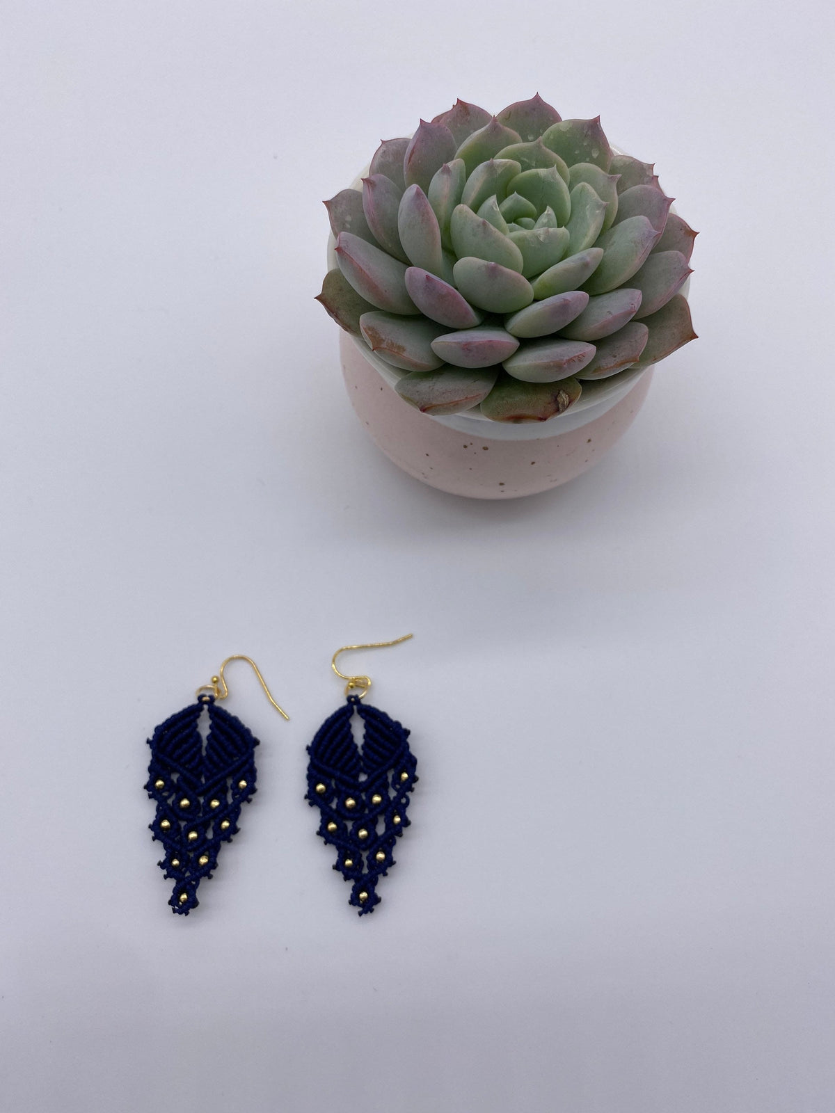 Navy Macrame Dangle Earrings: Bohemian Tribal Jewelry