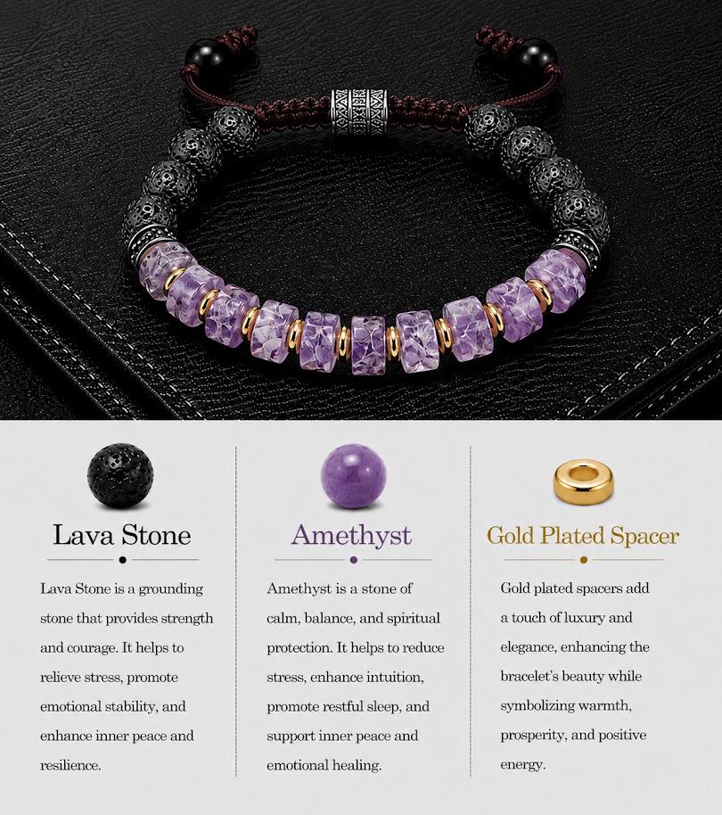 Lava Stone Beaded Bracelet for Men OR Women – Lavender Amethyst, Lava Stone , 14k gold plated space   -Adjustable