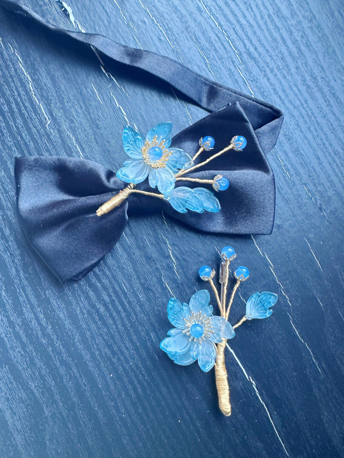 Bow Tie and brooch set for Women, Men,Boys – Black Satin Bow Tie blue color flowers Blossom Branch