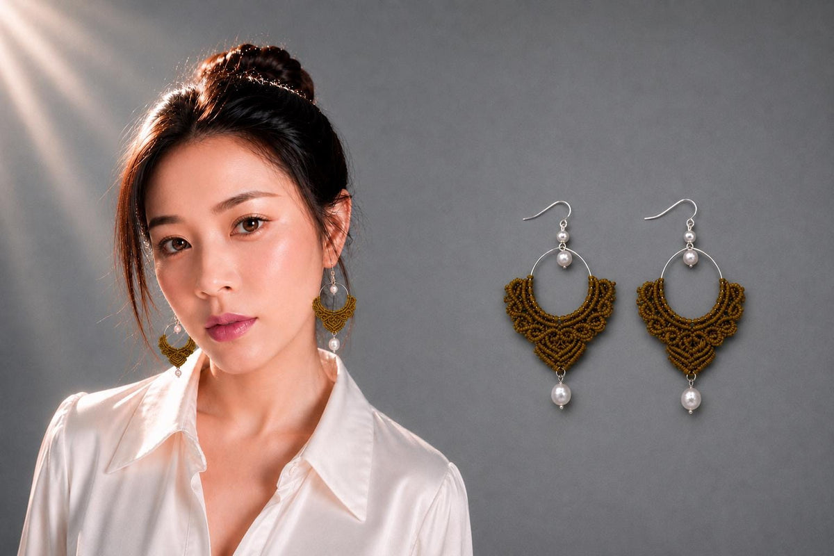 Gold Macrame Dangle Earrings: Bohemian Tribal Jewelry