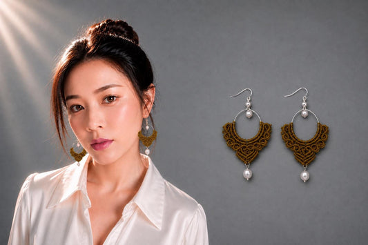 Gold Macrame Dangle Earrings: Bohemian Tribal Jewelry