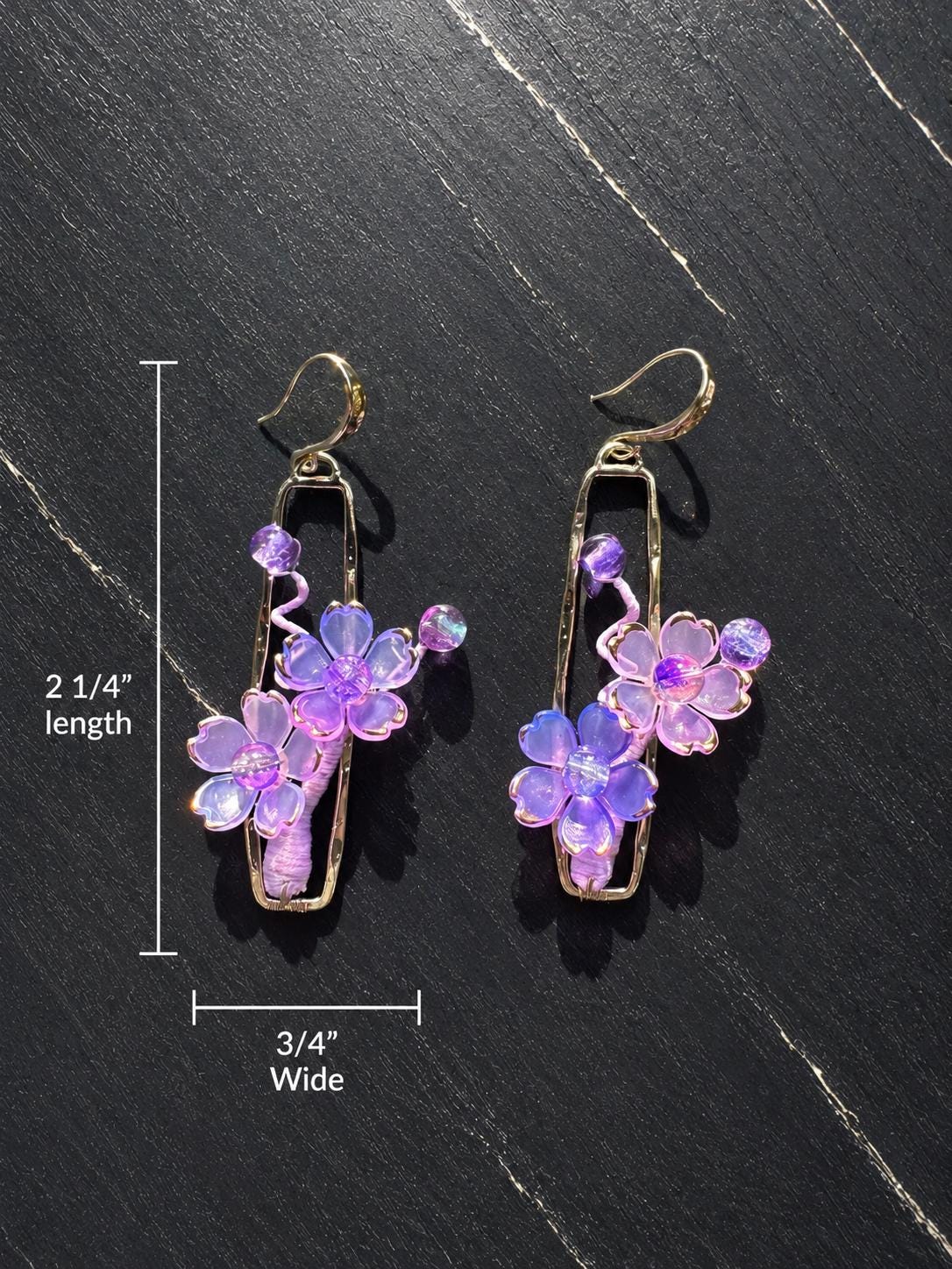 Gold Plated, purple cherry blossom, size: 2 1/4” Length X 3/4” wide
