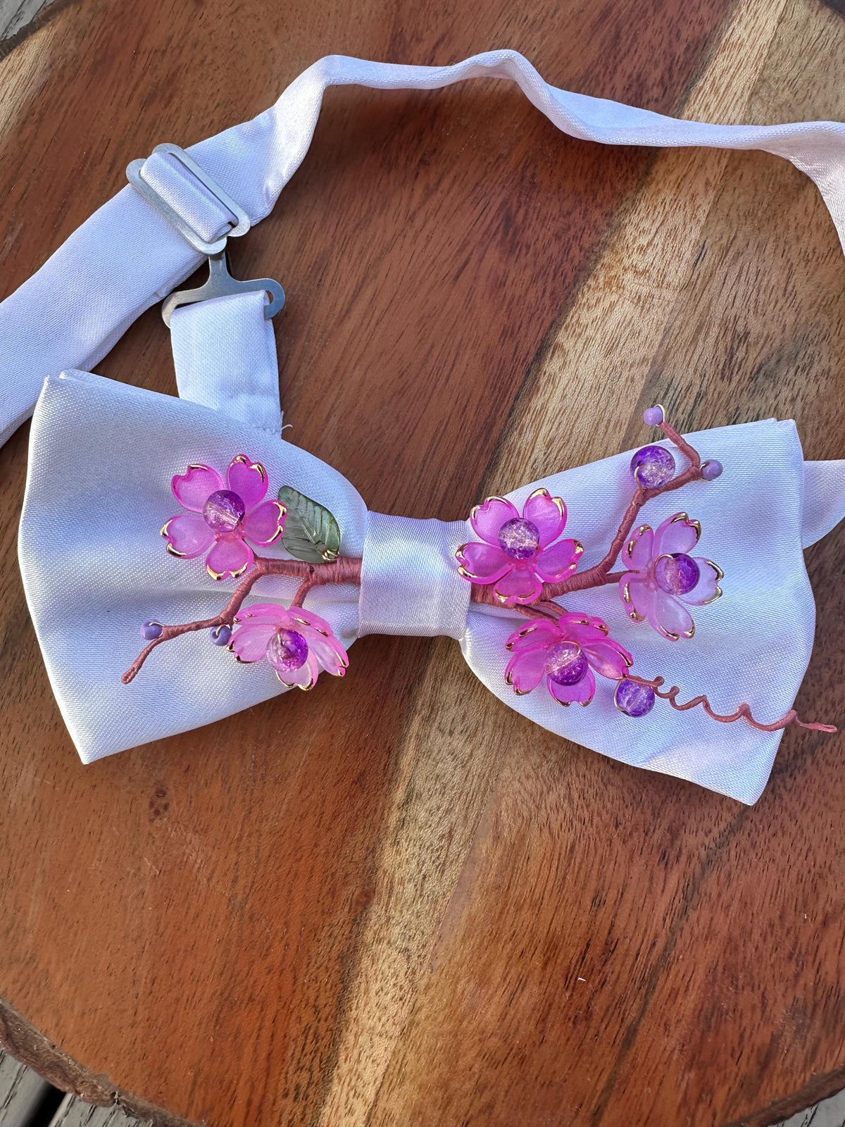 Handmade Bow Tie for women Men,Boys – White Satin Bow Tie with Pink Cherry Blossom Branch – Asian Inspired Wedding Formal Accessory